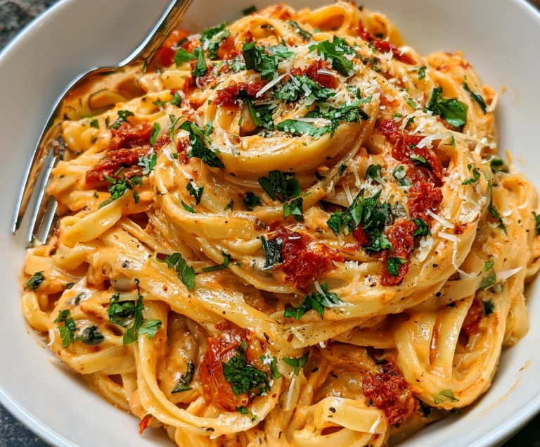 Bowl of creamy sun-dried tomato vegan pasta topped with fresh basil and vegan Parmesan.