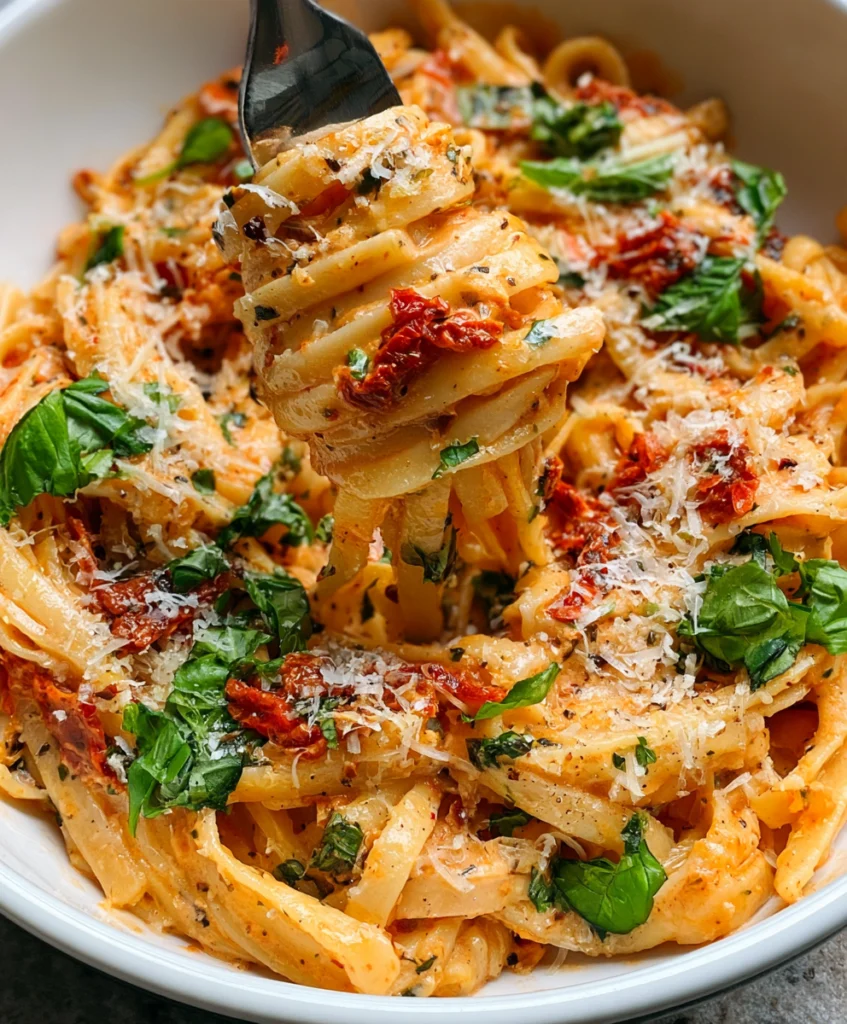 Fork lifting creamy sun-dried tomato vegan pasta with fresh basil and vegan Parmesan.