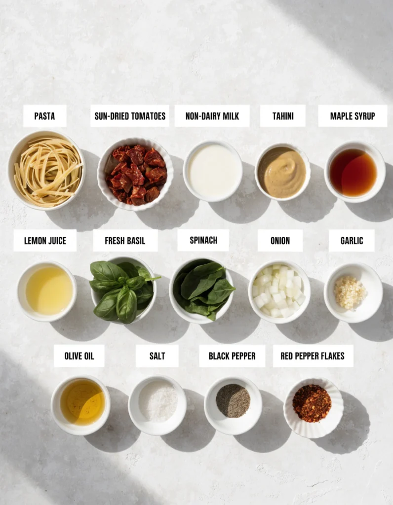 Ingredients for creamy sun-dried tomato vegan pasta, including pasta, sun-dried tomatoes, non-dairy milk, tahini, basil, spinach, and seasonings.