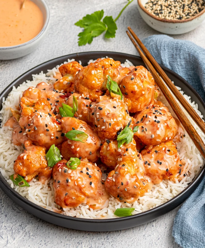 Vegan bang bang cauliflower with rice, sesame seeds, and green onions