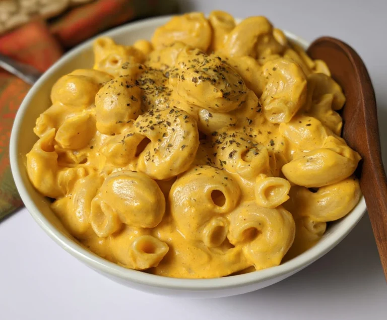 Creamy vegan mac and cheese in a bowl with herbs on top