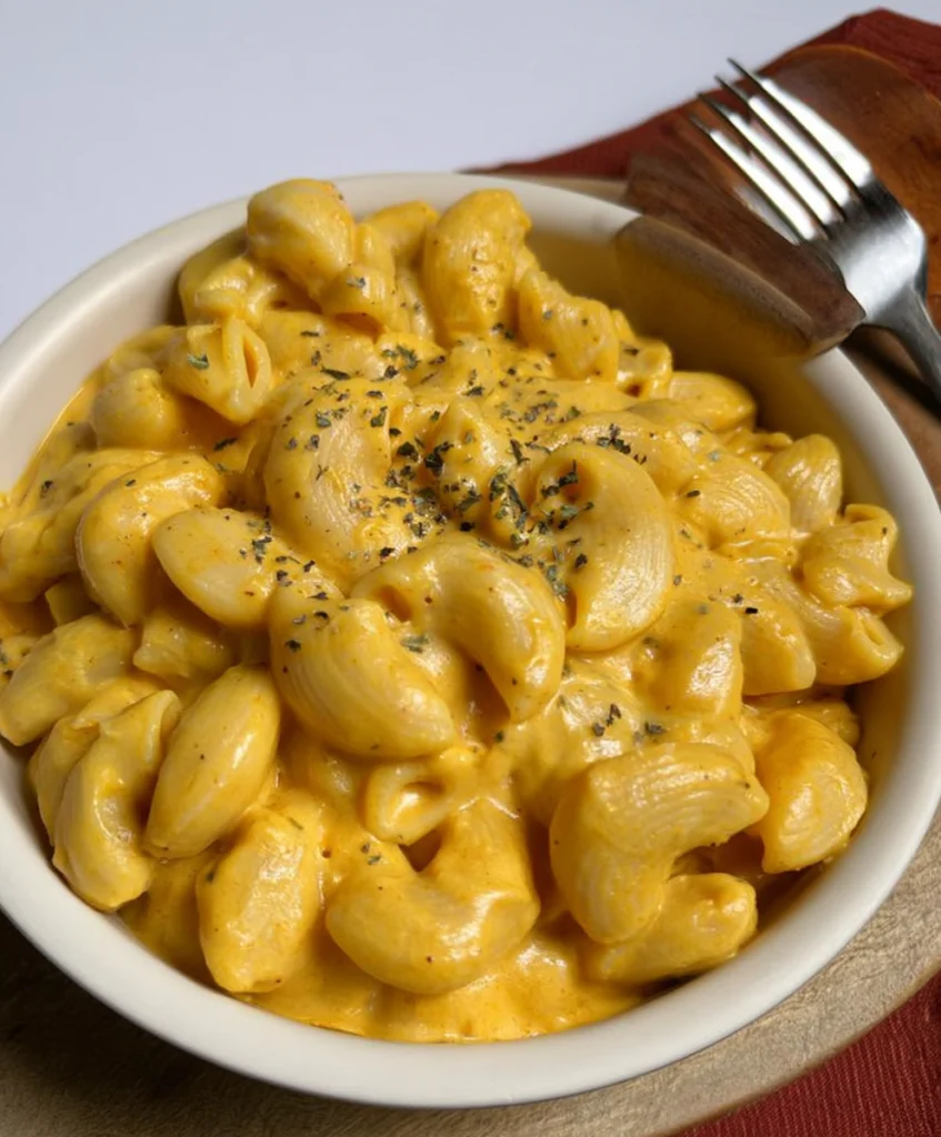 Creamy vegan mac and cheese topped with dried herbs in a bowl