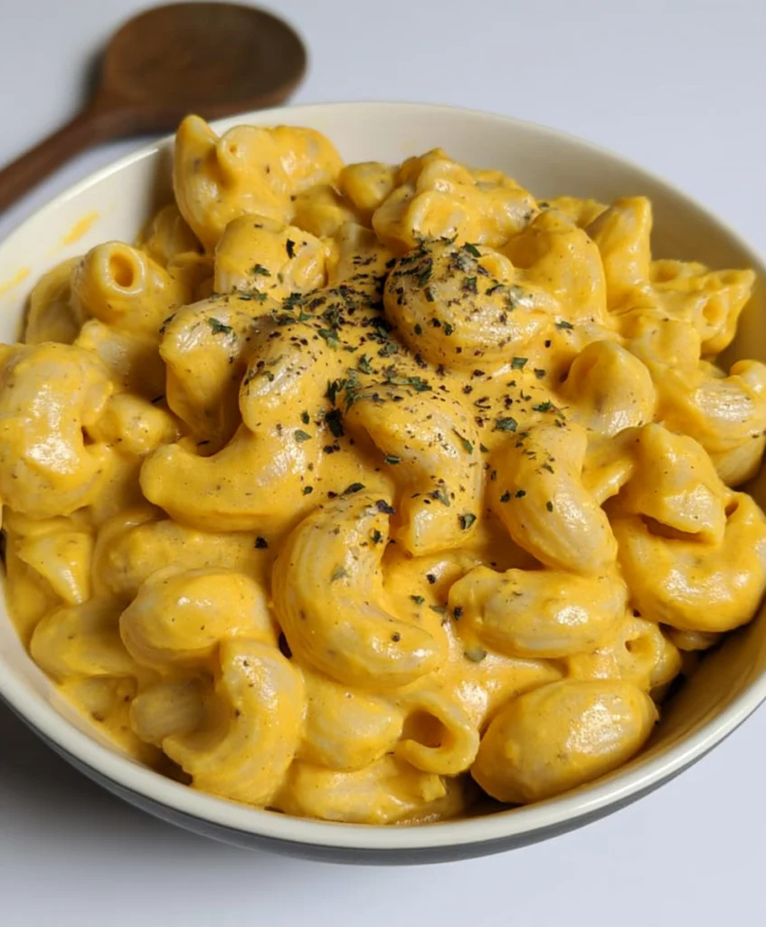 Close-up of creamy vegan mac and cheese topped with dried herbs