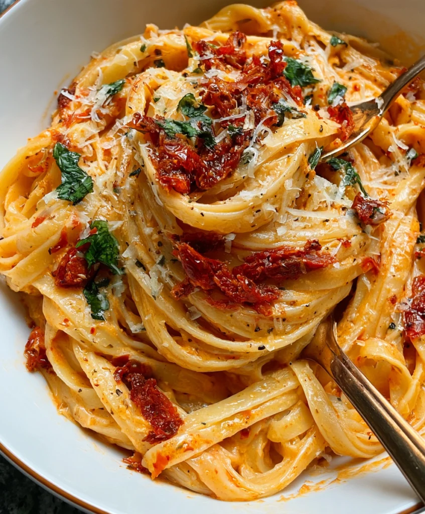 Creamy vegan sun-dried tomato pasta topped with fresh basil and vegan Parmesan.