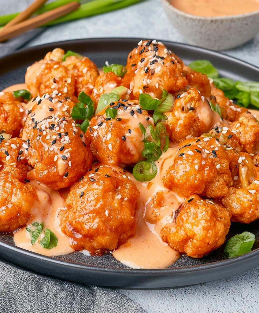 Crispy vegan bang bang cauliflower wings with creamy spicy sauce