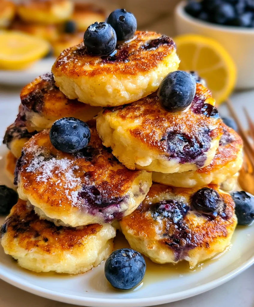 Fluffy lemon blueberry cottage cheese pancake bites topped with fresh blueberries