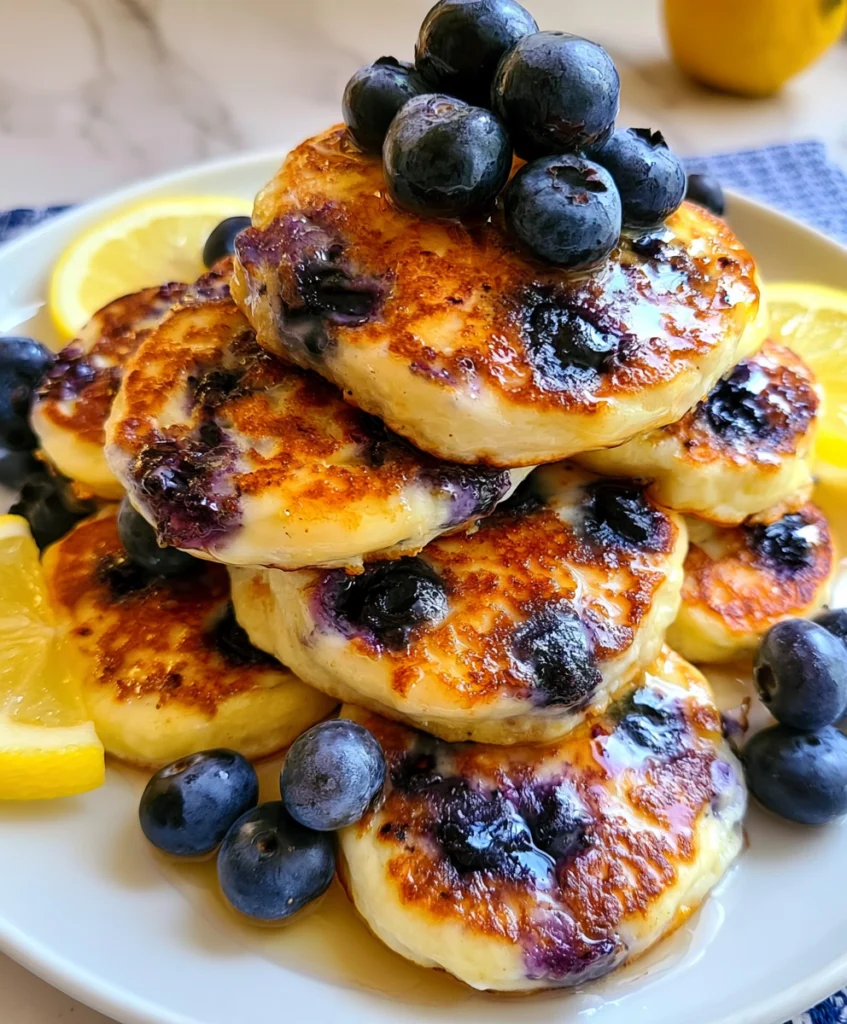 Lemon blueberry cottage cheese pancake bites topped with fresh blueberries and served with lemon slices
