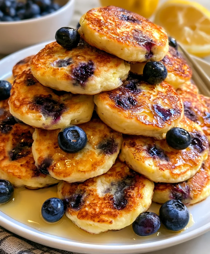 Stack of lemon blueberry cottage cheese pancake bites with fresh blueberries and maple syrup