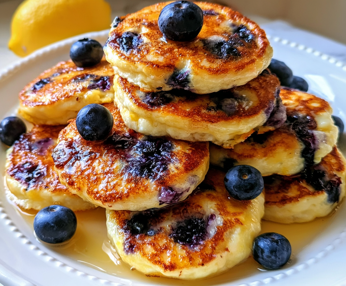 Lemon blueberry cottage cheese pancake bites topped with fresh blueberries and maple syrup