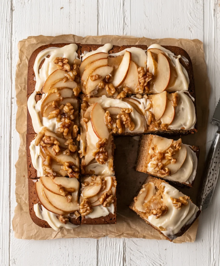 Vegan applesauce cake topped with maple frosting, sliced apples, and walnuts, with two pieces removed from the pan.