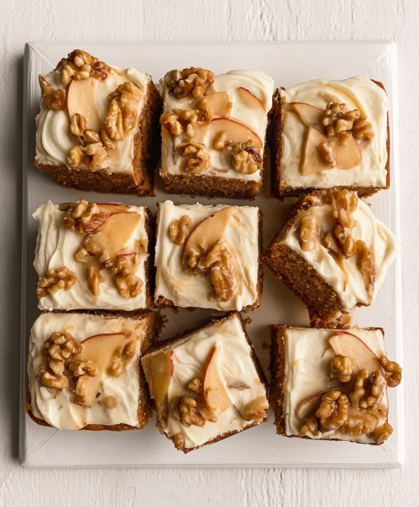 Vegan applesauce cake squares topped with maple frosting, apple slices, and walnuts on a white serving board.