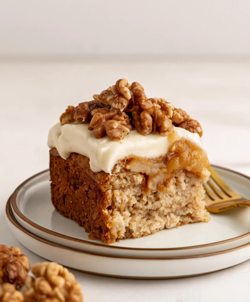 Slice of vegan applesauce cake with maple frosting, apple topping, and walnuts on a plate.