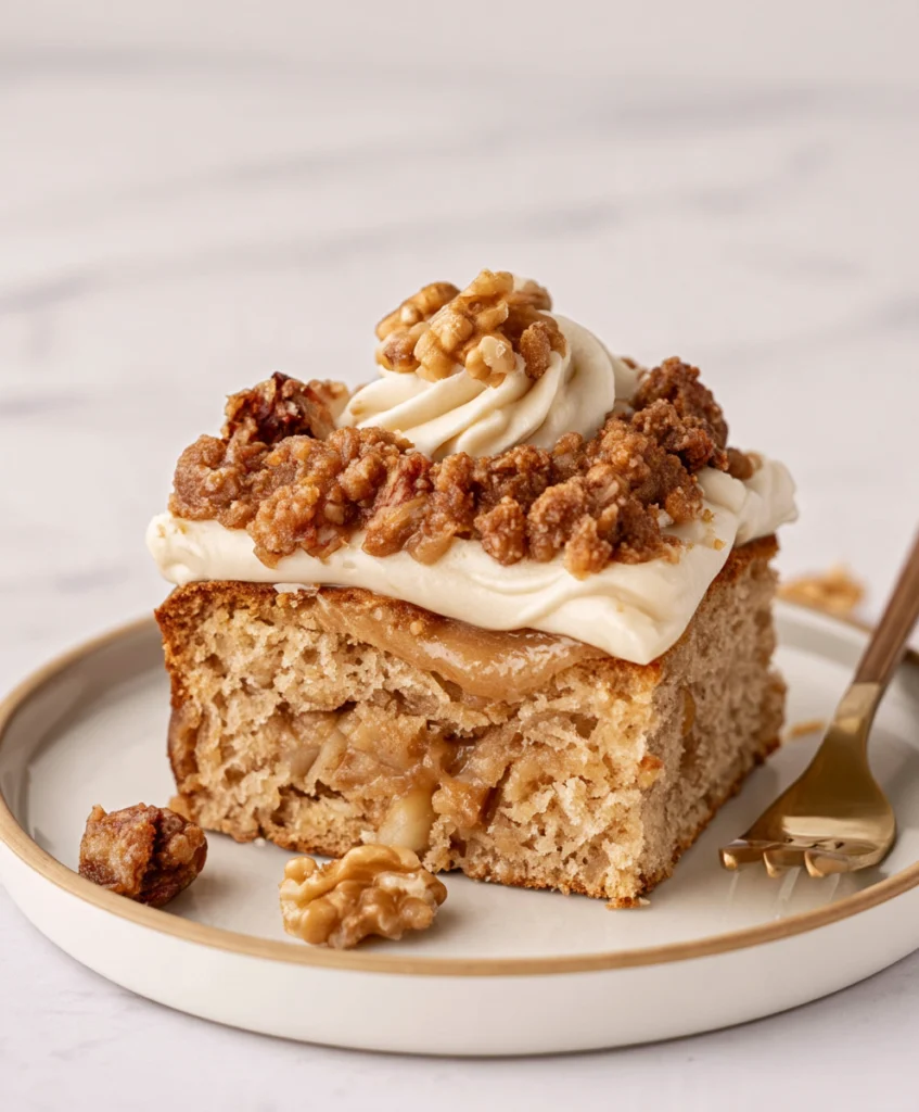 Vegan applesauce cake slice topped with maple frosting and crunchy walnuts on a plate.
