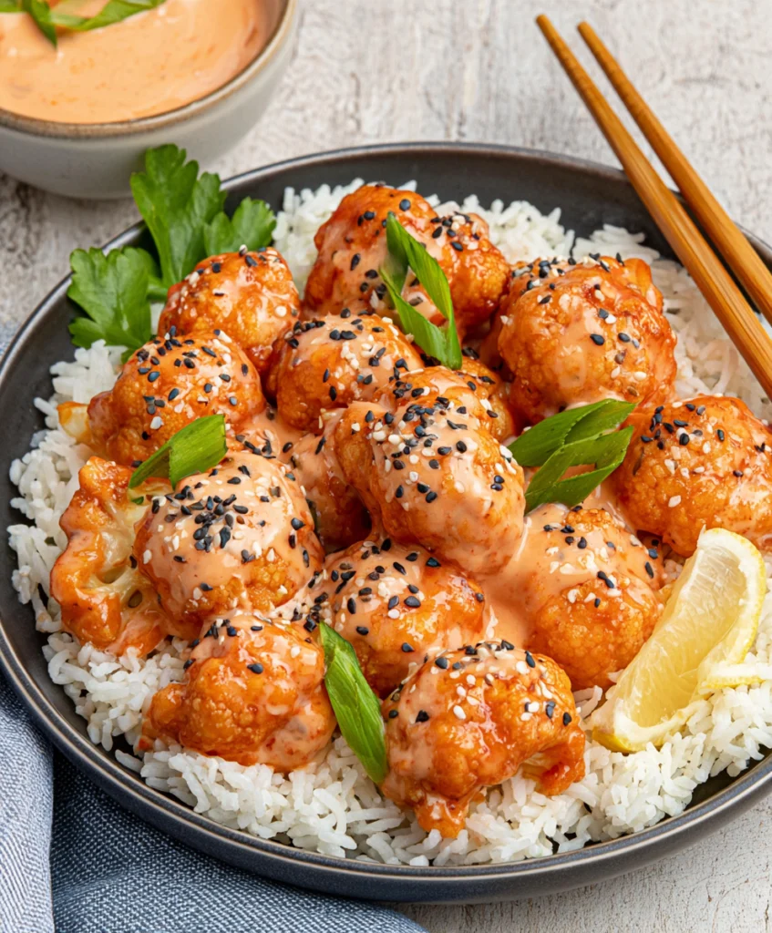 Vegan bang bang cauliflower wings over white rice with green onions