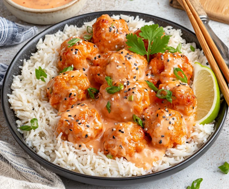 Vegan bang bang cauliflower wings served over rice with creamy spicy sauce, sesame seeds, and green onions.